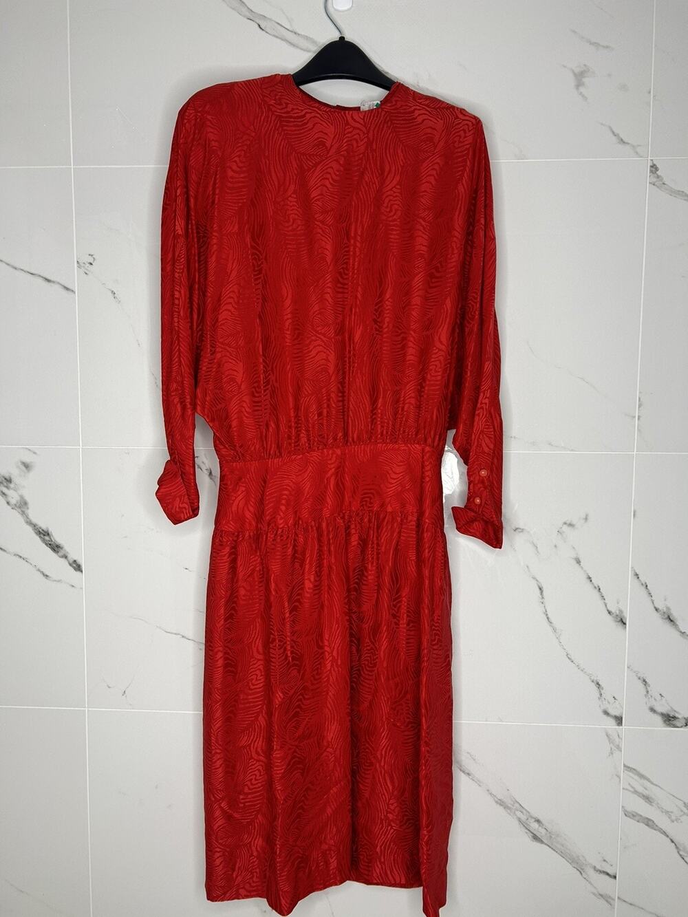 Vtg 80S SILK Jerri Sherman Midi Dress 12/L Red Jacquard Drop Waist Holidays